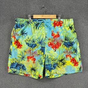 George Flamingo Palm Tree Print Swim Trunks Men's L G Blue Tropical